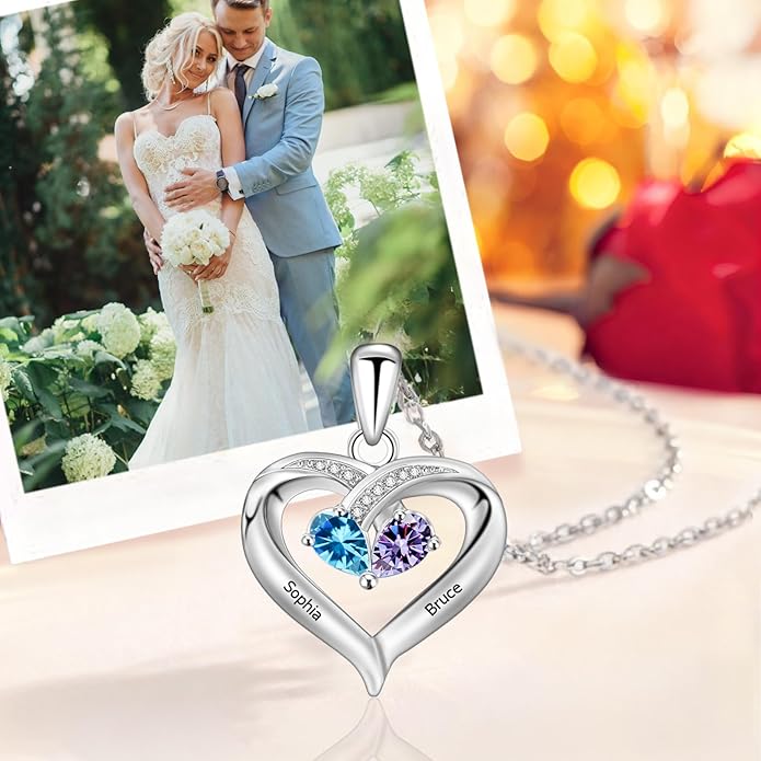 MissNaNa Sterling Silver Personalized 2 Names Heart Necklace with 2 Birthstone Couple I Love You Heart Pendant Necklace Jewelry Gift for Her Wife Girlfriend Mom