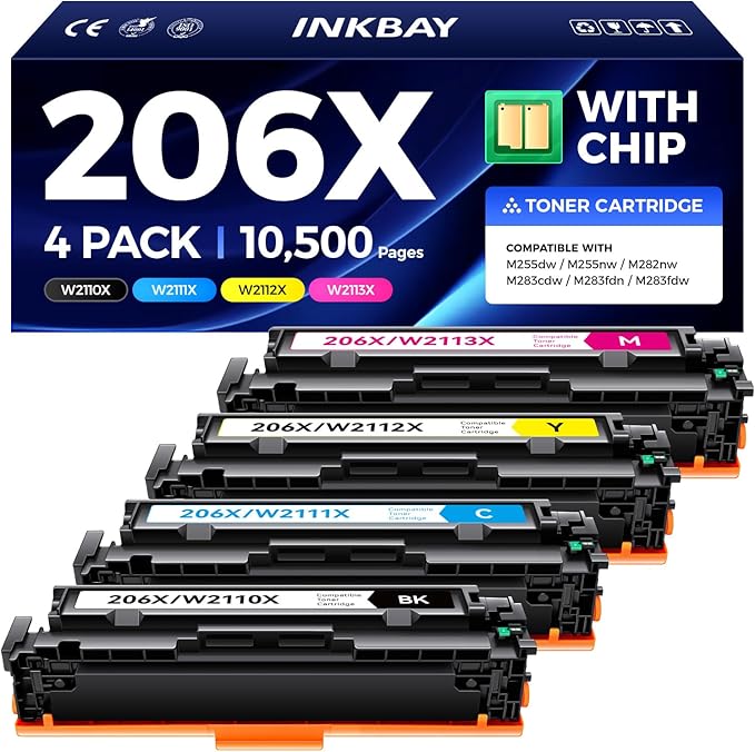 206X Toner Cartridges High Yield with Chip Replacement for HP 206X 206A Toner Compatible with Color LaserJet Pro M255dw M255nw MFP M282nw M283cdw M283fdn M283fdw Printer W2110X W2110A (4 Pack-B/C/Y/M)