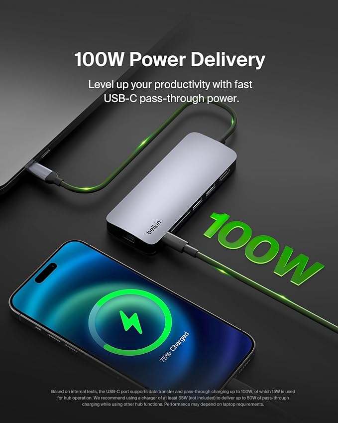 Belkin USB-C Hub - 6-in-1 Multi-Port Adapter Dock with 4K HDMI, USB-C 100W PD Pass-Through Charging, 2X USB-A Ports, Gigabit Ethernet Ports, and SD Slot for MacBook Pro, Air, iPad, Pro, XPS and More