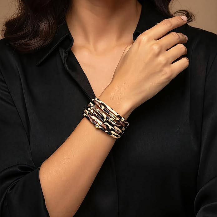 Fesciory Leather Wrap Bracelets for Women, Boho Leopard Multi-Layer Crystal Beads Cuff Bracelet Jewelry