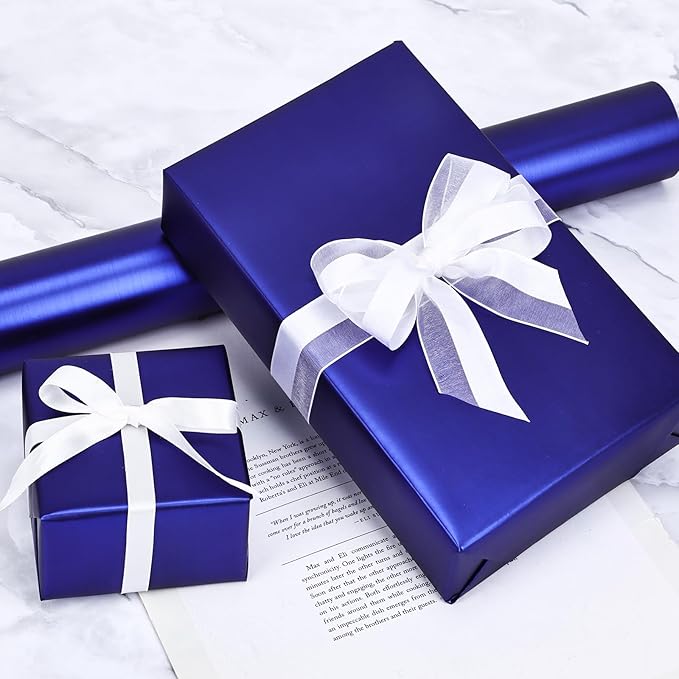 NESCCI Matte Metal Blue Wrapping Paper, Solid Color Paper-2 Roll,17 Inches X 32.8 Feet Per Roll,Gift Wrapping Paper,Perfect for Wedding,Valentine's Day, Birthday,Baby Shower,DIY Bouquet