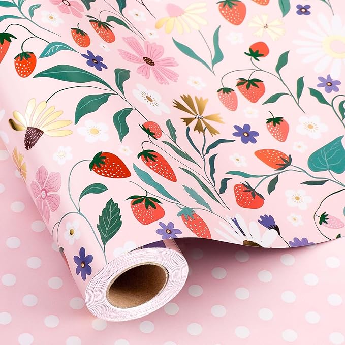 MAYPLUSS Strawberry Wrapping Paper Roll, Pink Floral Gift Wrap for Mothers Day, Wedding, Bridal Shower, Birthday, 17 Inch x 33 Feet