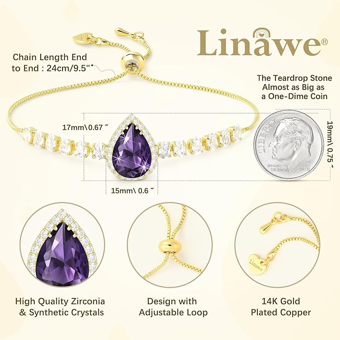 Linawe Crystal Imitation Diamond Rhinestone Charm Bracelets for Women, Gold/Silver/Rose Gold Adjustable Chain Bracelet, Teardrop Birthstone Cubic Zirconia Prom Costume Wedding Jewelry
