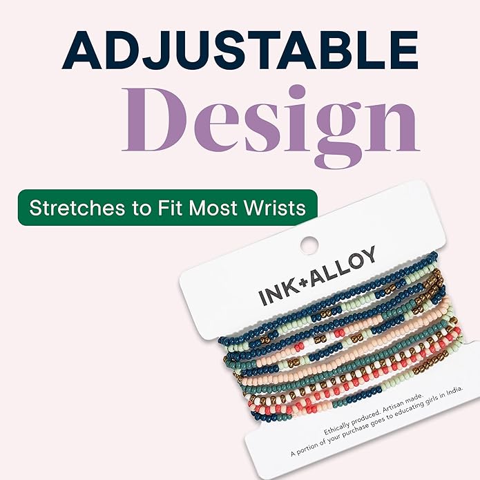 INK + ALLOY 10-Strand Stacking Beaded Bracelets for Women – Mixed Patterns Bracelet Stack - Adjustable Stretch Fit - Handmade Boho Bracelets for Women - Perfect for Any Occasion