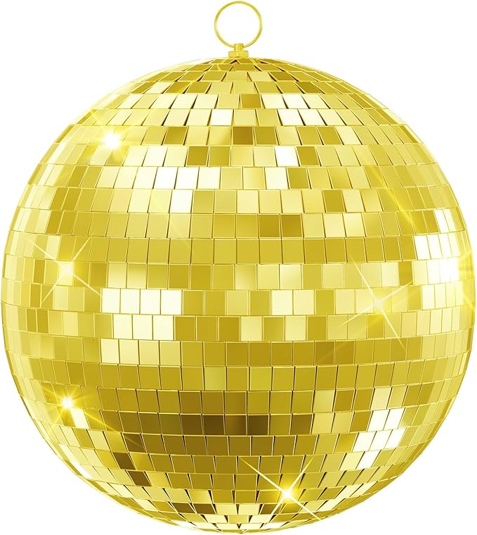 Mirror Disco Ball with Hanging Ring | 12"/16"/20" Mirror Disco Ball for DJ Club,Party,Wedding,Home Decor | Shiny,Easy Installation | with Hanging Ring | Golden, Pink 12Inch Golden