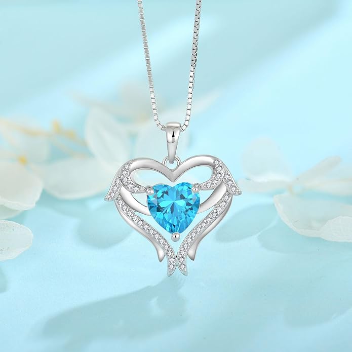 FJ Heart Angel Wings Pendant Necklace 925 Sterling Silver Birthstone Jewelry Gifts for Women
