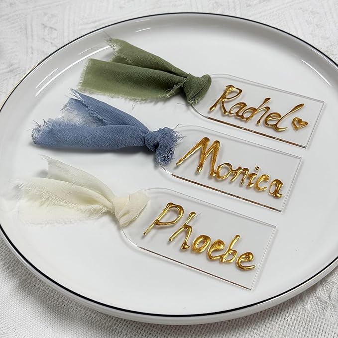 10Pcs Acrylic Place Card for Wedding Clear Transparent Acrylic DIY Table Seating Cards Wedding Supplies with Blue Ribbon