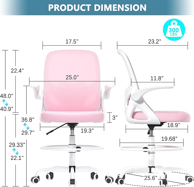 Tall Drafting Chair with Footrest Ring for Home and Work, Ergonomic Home Desk Office Chair with Flip up Arms and Lumbar Support, Extended Height Executive Desk Office Chair(Pink)