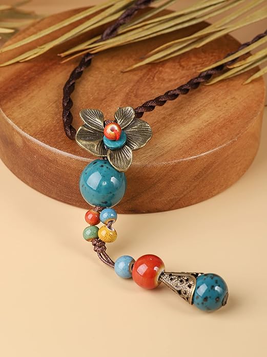 MINACHI Vintage Bohemian Colorful Ceramic Bead Antique Flower Y Necklace, Vintage Boho Hippie Statement Jewelry Gift for Women
