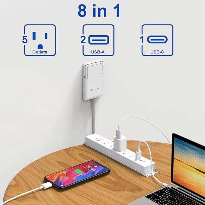 6FT Ultra-Thin Flat Plug Power Strip with 5 Outlets & 3 USB Ports | Child & Pet-Safe, 1625W, Wall-Mounted Cord Organizer, Universal Size Outlet & Plug Concealer with Cord Clips(UL Listed)