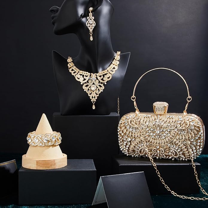 Quelay 4 Pcs Purse Rhinestone Jewelry Set Evening Clutch Bag Bling Crystal Necklace Dangle Earrings Bracelets Accessories