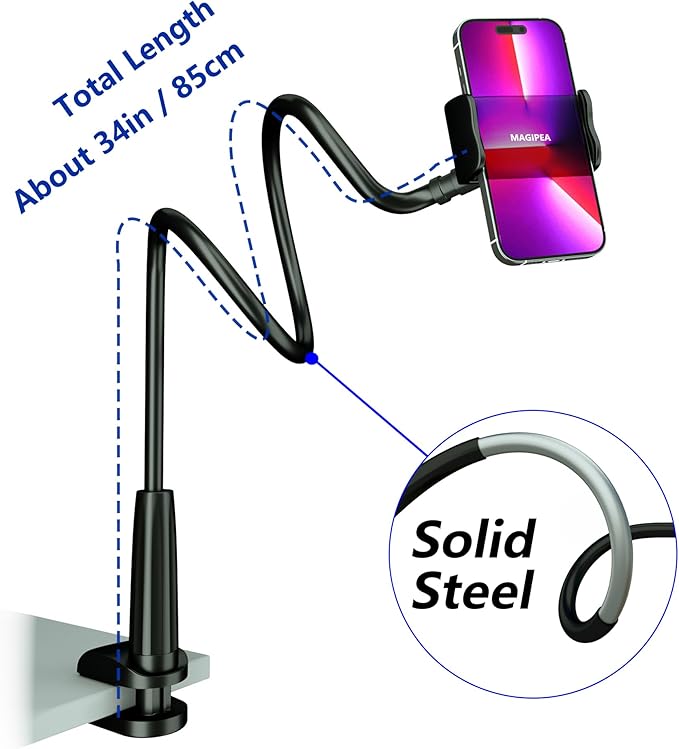 MAGIPEA Cell Phone Clip Bed Stand Holder, with Grip Flexible Long Arm Gooseneck Bracket Mount Clamp for Desk, Compatible with iPhone 14 Pro Max XR X 8 7 6 or Other 3.5-7" Devices