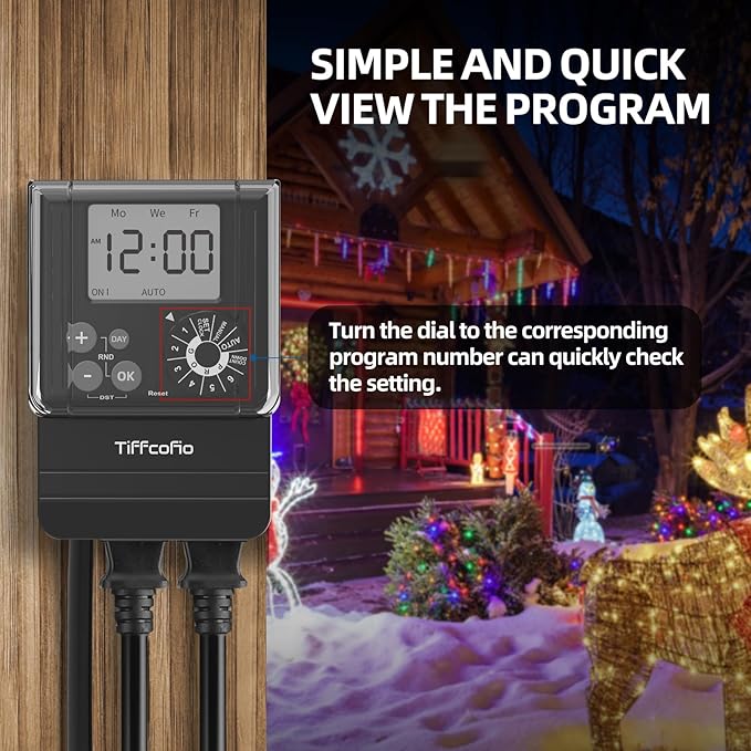 TiFFCOFiO New Digital Outdoor Timer Waterproof, Dial Programmable Method, Outdoor Light Timer with 2FT Extension Cord, 2 Grounded Electrical Outlets for Lights, 6 Sets of Programs, 20A/2500W