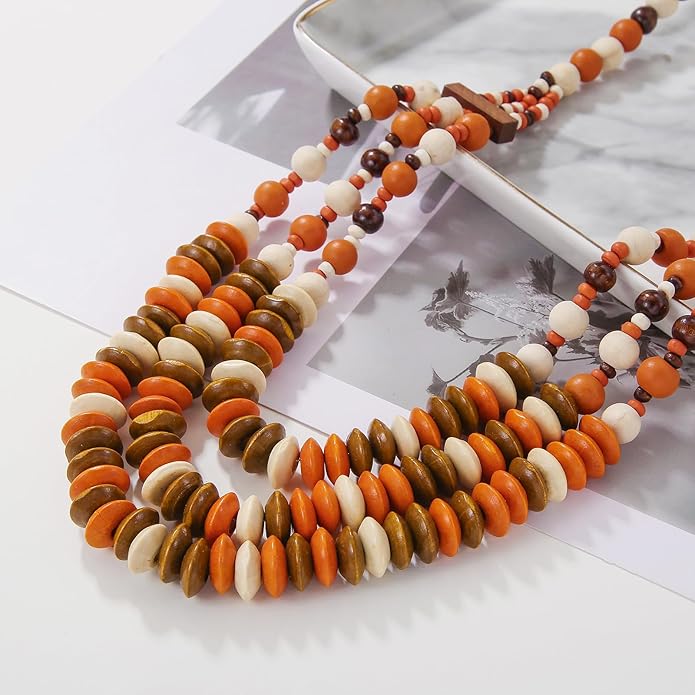Coiris Layer Chunky Wood Beaded Necklace Exaggerated Statement Bead Collar Necklace Bib Necklaces