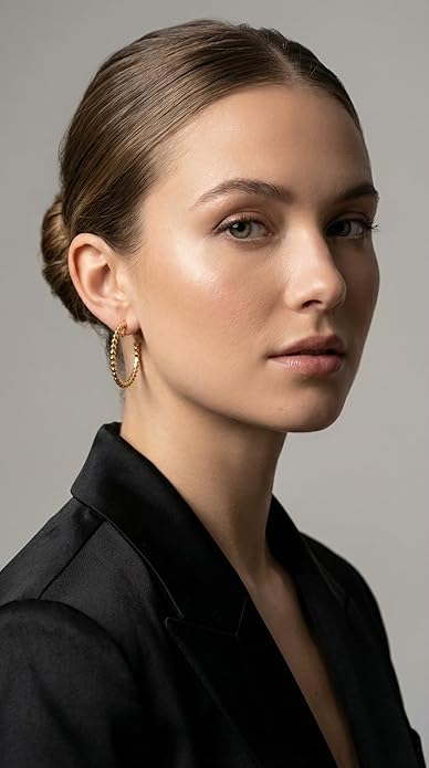 FAN&LOUIS 24K Gold Plated Hoop Clip On Earrings for Women, Gold Beaded Hoop Trendy Hypoallergenic Non Pierced Earrings Painless Lightweight 38mm Clip-On Earrings