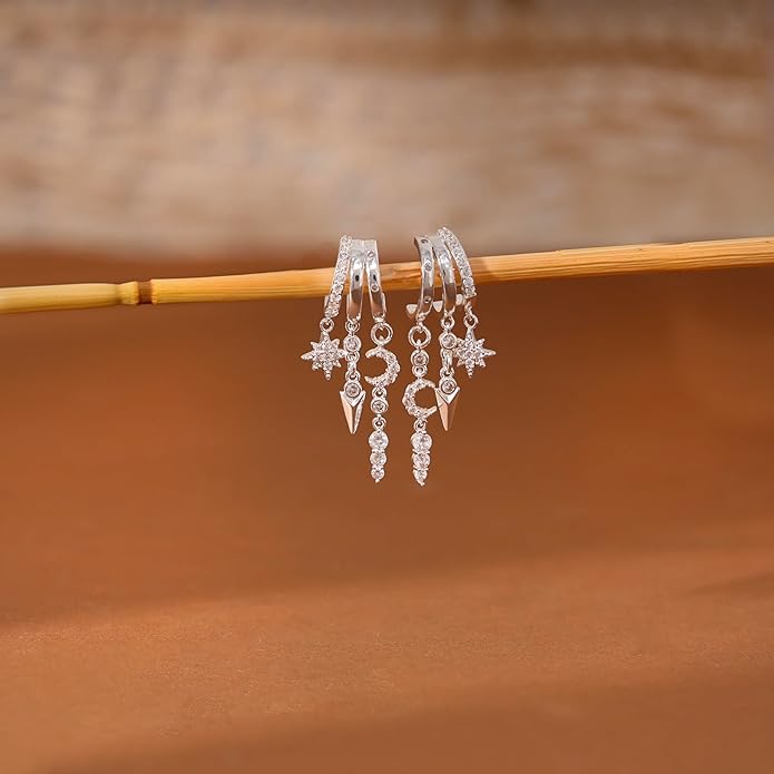 Dangle Earrings For Women,Dainty 14K Gold Plated Hypoallergenic Small Triple Huggie Hoop Earring Gothic Cute Cross Moon Star Drop Earrings For Women Trendy Gold Statement Stud Earring Jewelry