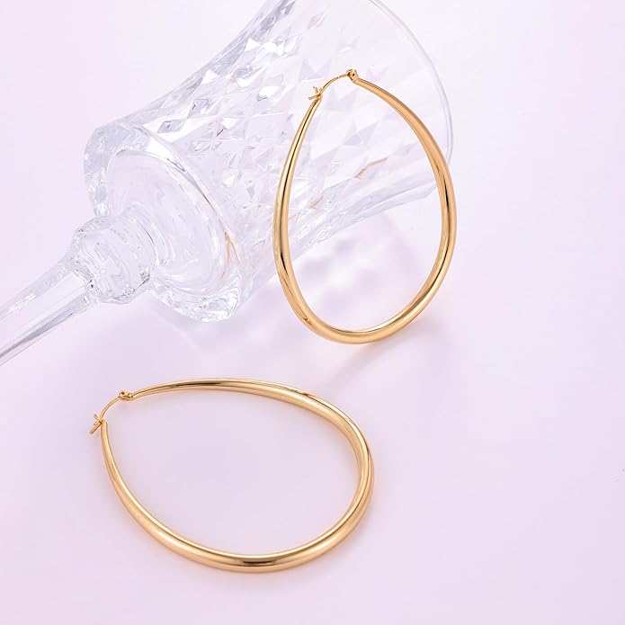 Gacimy Chunky Hoop Earrings for Women, 14K Gold Plated Oval Hoop Earrings with 925 Sterling Silver Post
