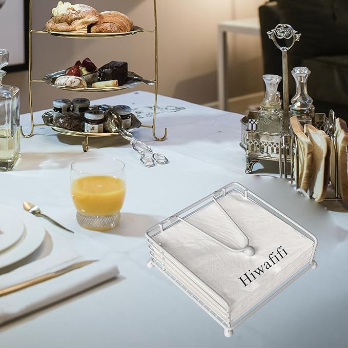 Napkin Holder for Table, Flat Napkin Dispenser with Weighted Arm, Square Cocktail Paper Holder of Elegant Rustic Iron for Kitchen Dining Room Decor Restaurant Farmhouse Hotel Party, White