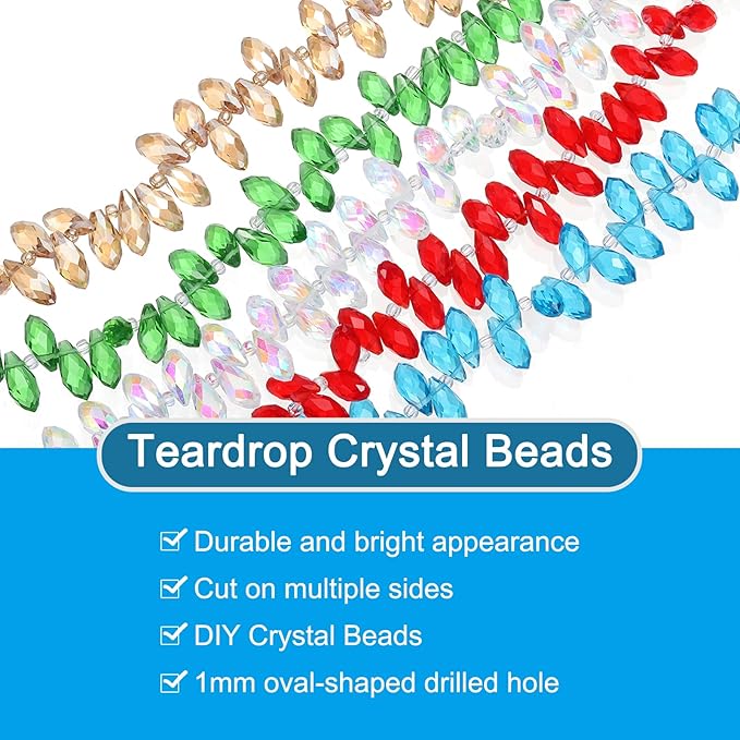 PATIKIL 2 Strands 180-190Pcs Teardrop Crystal Beads, 12x6mm Faceted Teardrop Briolette Horizontal Glass Beads Loose Bead for Bracelet Jewelry Making, Light Green