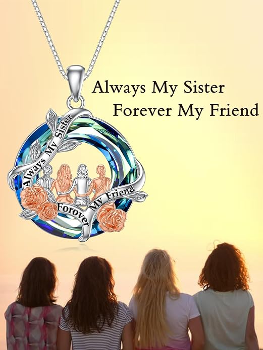 TOUPOP Sisters Gifts from Sister Necklace Sterling Silver Rose Flower with Crystal Jewelry Valentines Day Birthday Gifts for Women Best Friend Friendship