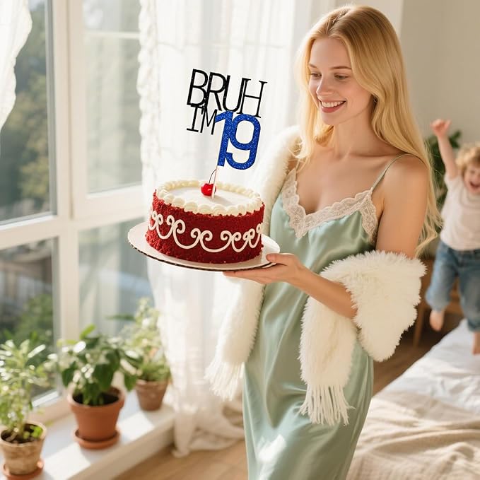 Bruh I'm 19 Cake Topper - Bro I'm 19, Happy Sweet 19 Ornament for Boys' 19th Birthday Party Supplies (blue 19)