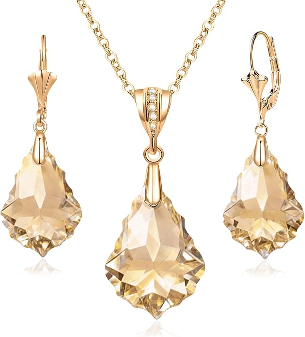 EVEVIC Austrian Crystals Baroque Pendant Necklace Earrings for Women 14K Gold Plated Hypoallergenic Leverback Drop Dangle Earrings Jewelry Set