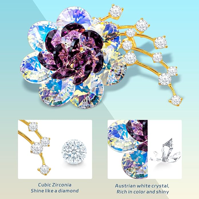Brooches For Women,14k Gold Plated Copper,Crystal Roselle Cubic Zirconia Brooch Pins For Women ，Crystal Broach,Flower Broach