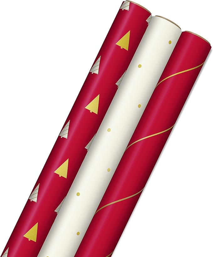 Hallmark Minimalist Christmas Wrapping Paper with Cut Lines on Reverse (3 Rolls: 120 sq. ft. ttl) Red, White, Gold Trees, Stripes, Dots