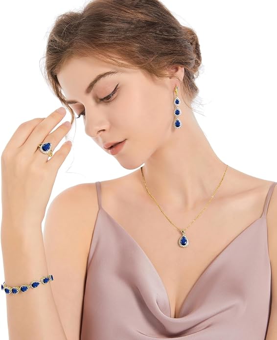 LMXXVJ Necklace Long Earrings Bracelet Set, White Gold Plated Created Blue Sapphire Jewelry Set Wedding Party Gift Jewelry for Women Bridal Bridesmaid