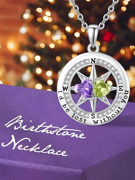 Compass Necklace for Women, Exquisite S925 Valentines Day Anniversary Birthday Gifts for Wife Her Double Birthstone Pendant Jewelry ‘I'd be Lost Without You’