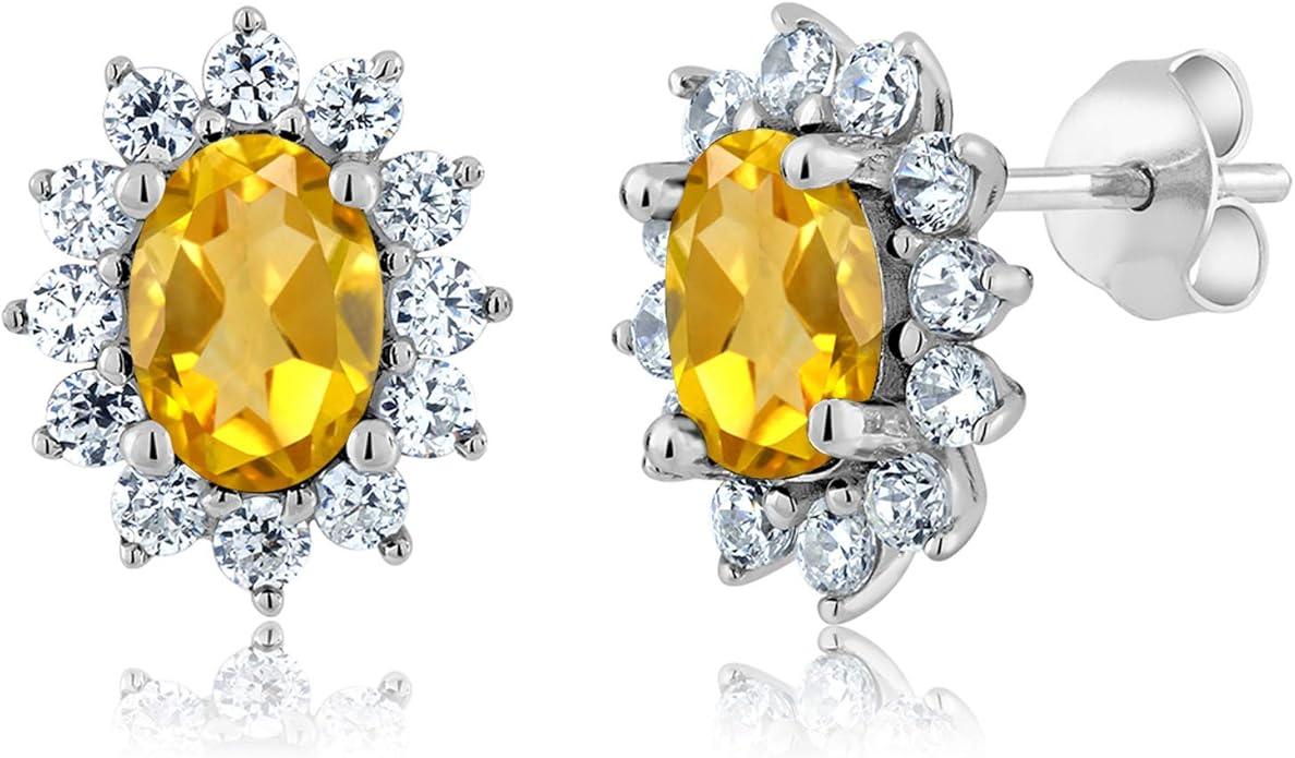 Gem Stone King 7X5MM Oval Gemstone Birthstone Stud Earrings For Women | Princess Diana Royal Halo Style | 925 Sterling Silver | Fine Jewelry Gifts for Anniversary Wedding Her Mom Women Wife