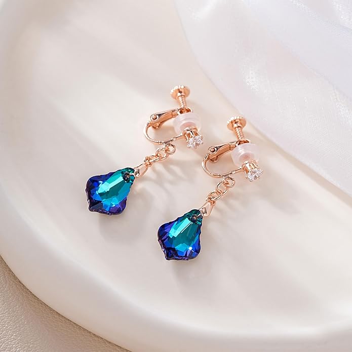 Austrian Crystal Baroque Drop Clip On Dangle Earrings for Women Non Pierced 14K Rose Gold Plated Hypoallergenic Jewelry