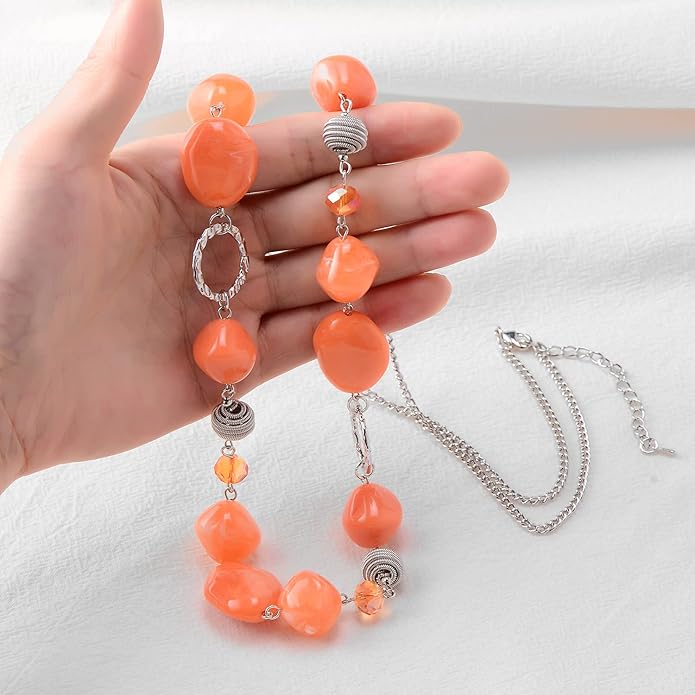 BULINLIN Beaded Long Necklace for Women Silver Sweater Chain Necklace with Crystal Resin Beads, Fashion Jewelry Necklace