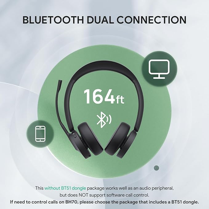 Yealink BH70 UC (NO Dongle) Wireless Bluetooth Headset with Microphone for Work, 35h Talking Battery Life, 3-Mic Noise Cancellation Headsets for Computer, 147g Lightweight Headphone for Open Office
