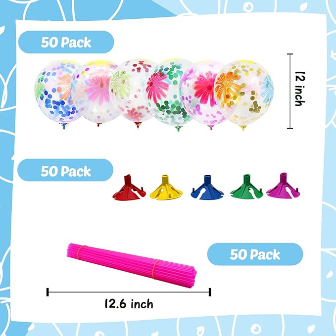 50 Pieces Flower Print Confetti Balloons 12 Inch Colorful Clear Floral Latex Balloon with Balloon Holder Sticks Spring Summer Tropical Picnic Wedding Birthday Graduation Bridal Shower Party Supplies