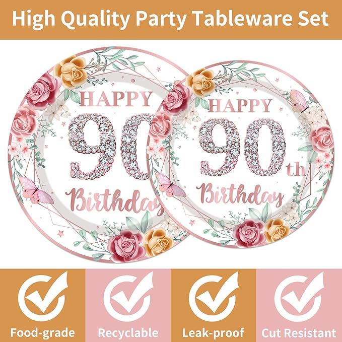 96Pcs 90th Birthday Party Decorations for Women Disposable Tableware Set -Rose Gold Floral Happy 90th Birthday Paper Plates Napkins Forks 90 Years Old Theme Party Supplies Serve 24 Guests