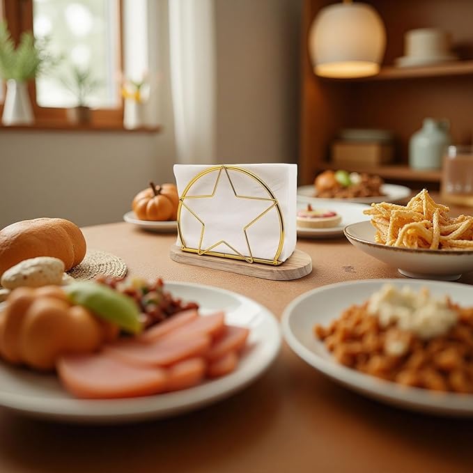 AIM & GGKK Gold Napkin Holder for Table with Wooden Base - Geometric Metal Wire Paper Napkin Holder, Modern Restaurant & Home Dining Accessories (6.14" L x 3.94" H)