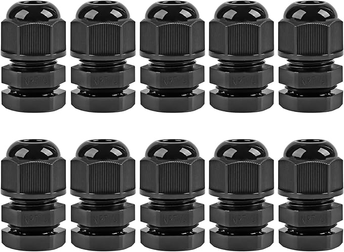 XHF 10 Pcs 1/4" IP68 Strain Relief Nylon Cord Grip NPT Cable Glands Adjustable UL Listed and RoHS Compliant (Black)