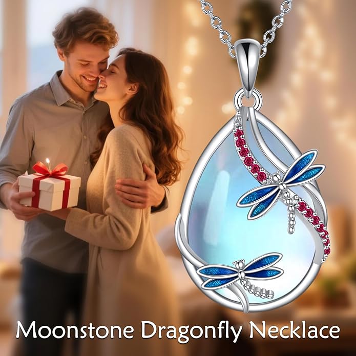 KQF Dragonfly/Butterlfy/Cat/Jellyfish/Bunny/Axolotl/Bee/Mermaid/Hummingbird/Elephant Necklace for Women Sterling Silver Moonstone Pendant Necklace Dragonfly Jewelry Gifts for Women