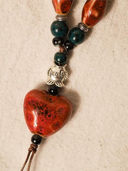 MINACHI Boho Hippie Colorful Ceramic Heart Bead Strand Necklace, Bohemian Summer Statement Jewelry Gift for Women