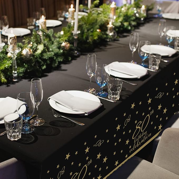 Gatherfun 80th Birthday Disposable Tablecloth 4 Pack Gold and Black Waterproof Plastic Table Cover for Men Woman 80 Birthday Party Decorations