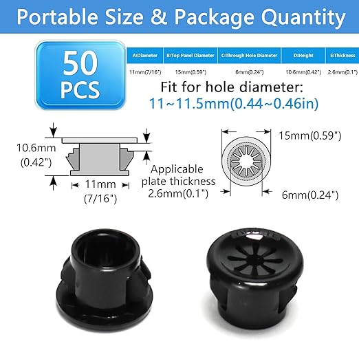 50 Pcs Cable Grommet, Snap Bushing 7/16" (11 mm) Mounting Diameter, Flexible Petal-Shaped Buckle Round Nylon Desk Grommet for Wires Through Countertop Cord Organizer and Protection, Black