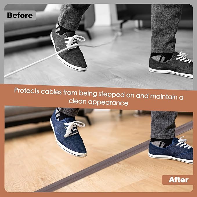 Floor Cord Cover for Wires on Floor Self Adhesive Cord Hider Floor Cable Management Wire Covers for Cords Protector Prevent Cable Trips Cord Cavity W 0.59" x H 0.31", Grayish Brown Wood, 3.3Ft