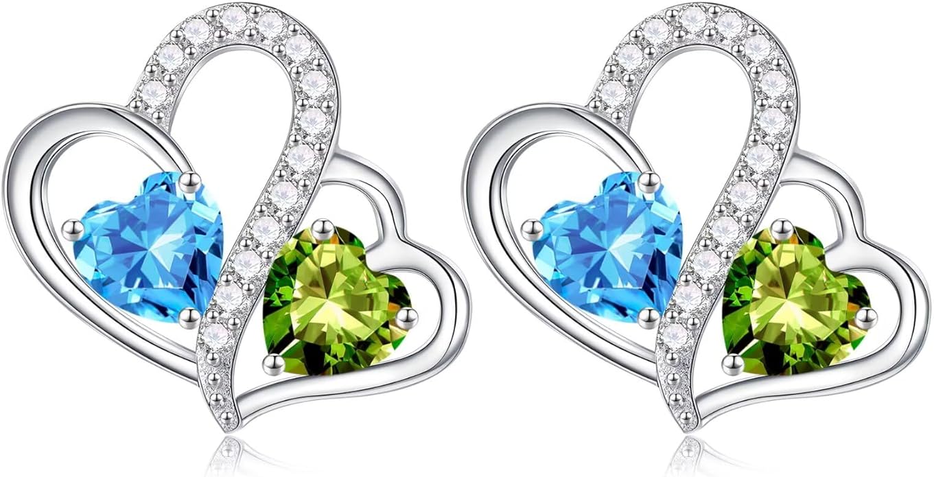 Iefil Valentines Day Gifts for Her - Birthstone Earrings Gift for Women, 925 Sterling Silver Double Heart Birthstone Earrings | Anniversary Birthday Gifts for Women, Personalized Jewelry for Wife Mom