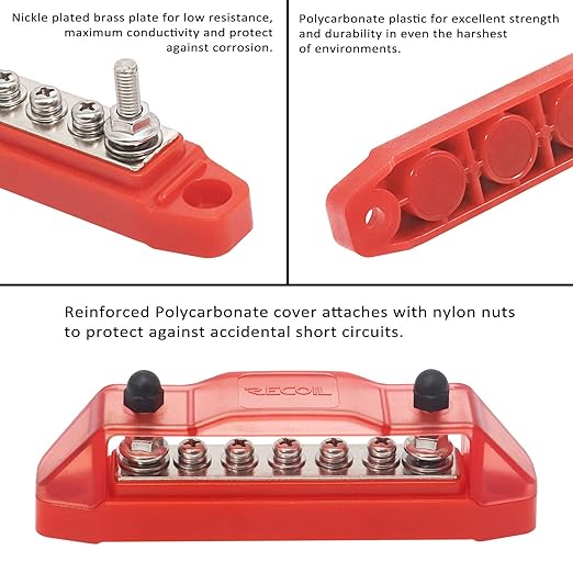 Recoil BBS25P Bus Bar 2 x M5 Studs and 5 Screw Terminals Power Distribution Block with Ring Terminals Pair Red & Black