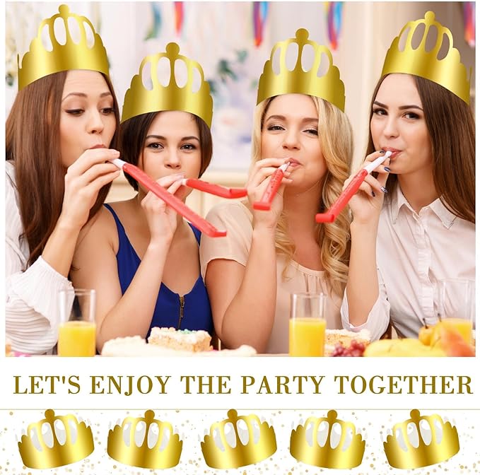 Crtiin 100 Pcs Gold Paper Crowns Birthday Party Bulk for Adults Classroom Students Hat Supplies Favors (Round Style)