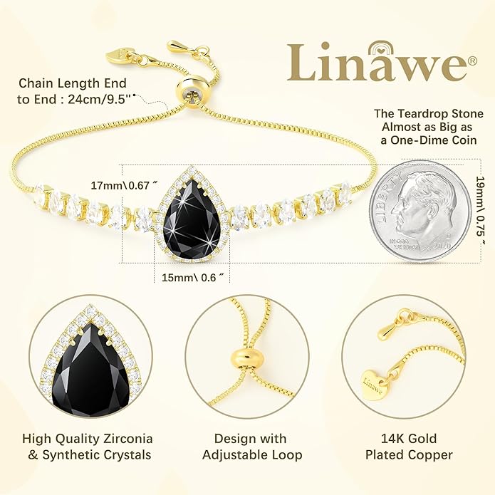 Linawe Crystal Imitation Diamond Rhinestone Charm Bracelets for Women, Gold/Silver/Rose Gold Adjustable Chain Bracelet, Teardrop Birthstone Cubic Zirconia Prom Costume Wedding Jewelry