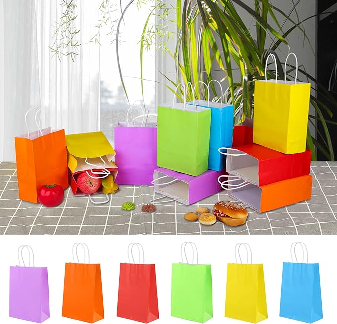 XPCARE 100Pcs Paper Gift Bags,6.3"x3.15"x8.66 Kraft Paper Party Favor Bulk Rainbow Goodie Small Gift Bags with Handles for Kids Birthday Baby Shower Crafts Wedding Party Supplies (6 Colors)