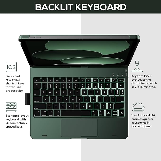 typecase Touch iPad 10th Generation Case with Keyboard (10.9", 2022) and iPad A16 (11th Gen, 2025) – 360° Rotatable, 11-Color Backlit, Multi-Touch Trackpad, Thin & Light (Midnight Green)