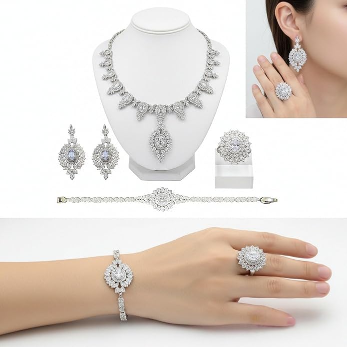 Rhinestone Wedding Bridal Jewelry Set Women's Prom-Style Necklace, Earrings, Bracelet, Ring Bridesmaid Gift Pairs with Evening Gown